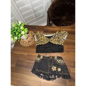 Build A Bear Leopard Cheetah Print Rhinestone Denim Skirt Shirt Outfit y2k
